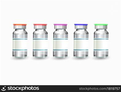 Numerous different color brand glass bottles. with space on the label Contains Orange, red, purple, blue, green. bottles containing the Covid19 Coronavirus vaccine clear white glass.Vaccine Comparison