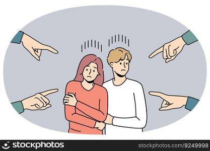 Numerous hands pointing at scared unhappy couple feeling unwell for blaming and guilt. Society shaming young man and woman for relationships. Discrimination. Vector illustration.. Hands pointing at unhappy young couple
