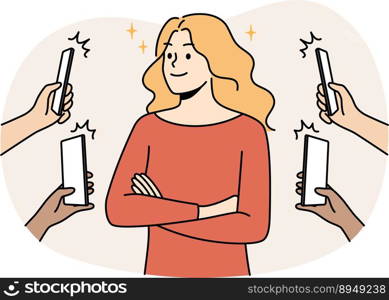 Numerous people with cellphones photograph smiling confident woman. Happy female celebrity photographed with smartphones social media. Vector illustration. . People with cameras photograph female celebrity 