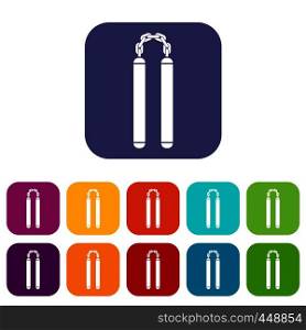 Nunchaku icons set vector illustration in flat style In colors red, blue, green and other. Nunchaku icons set flat