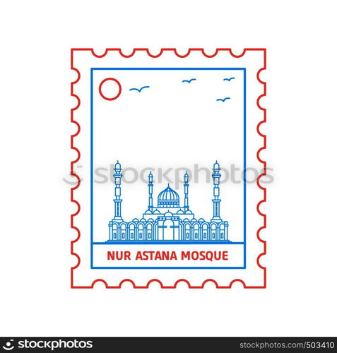 NUR ASTANA MOSQUE postage stamp Blue and red Line Style, vector illustration