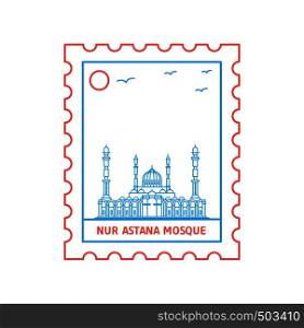 NUR ASTANA MOSQUE postage stamp Blue and red Line Style, vector illustration