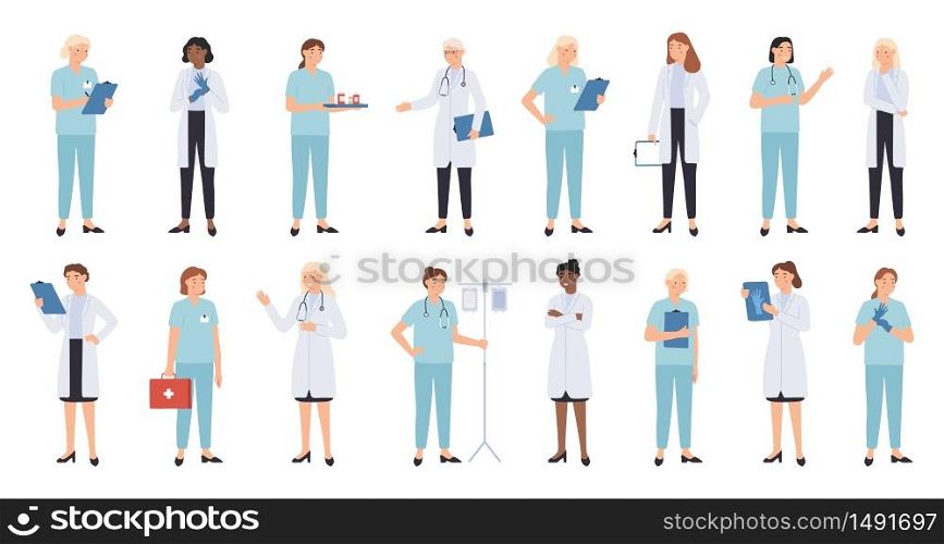 Nurse and doctors. Women doctors team. Medical staff doctor and nurse, medics, professional paramedic vector physician characters. Therapist doctor stethoscope or dropper illustration. Nurse and female doctors. Women doctors team. Medical staff doctor and nurse, medics, professional paramedic vector physician characters
