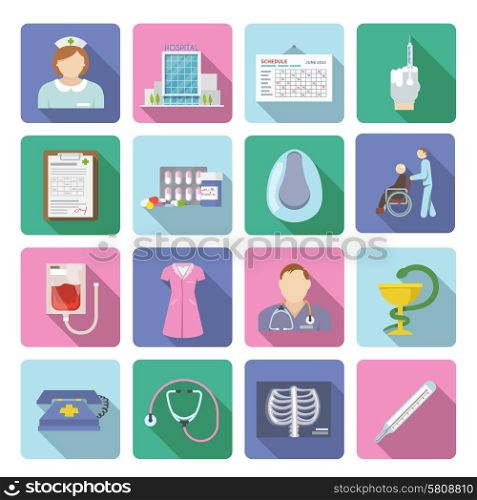 Nurse and first medical aid icon flat set isolated vector illustration. Nurse Icon Flat Set