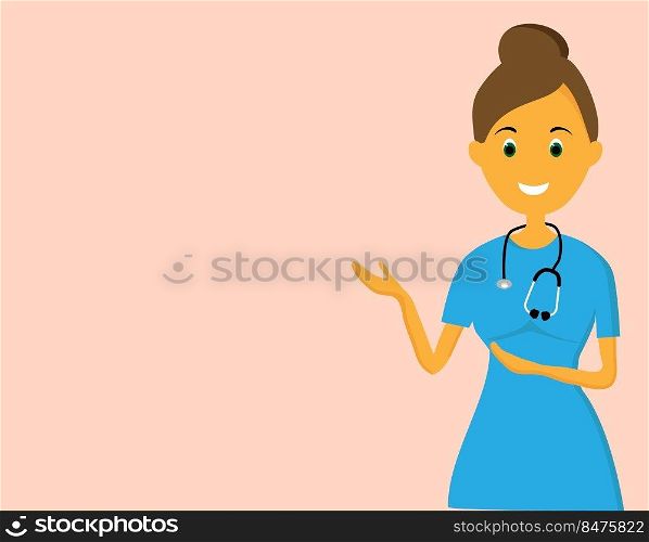 Nurse at the presentation. A gesture pointing to text. Light pink background.. Nurse at the presentation. A gesture pointing to text. Light pink background..