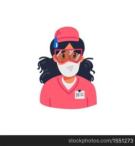 Nurse avatar. portrait of Tired Young nurse in medical mask. Medical team in conditions of coronavirus pandemic, covd-19 quarantine. Flat style vector illustration. Young nurse in pink scrubs holding sign with stay home inscription