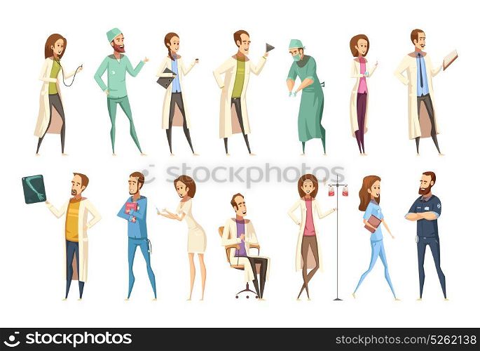 Nurse Characters Set Cartoon Retro Style. Nurse characters set in cartoon retro style with men and women in different activities isolated vector illustration