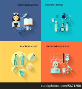 Nurse education geriatric practical medical service flat icons set isolated vector illustration