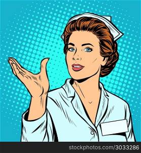 nurse holding gesture. nurse holding gesture. Pop art retro vector illustration kitsch vintage. nurse holding gesture