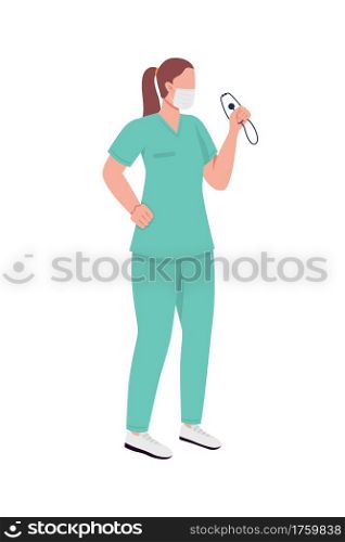 Nurse in face mask flat color vector faceless character. Female doctor, healthcare. Essential service worker. Pandemic isolated cartoon illustration for web graphic design and animation. Nurse in face mask flat color vector faceless character