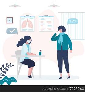 Nurse in protection mask exams patient. Female character at doctor&rsquo;s appointment. Interior of office or cabinet. Concept of medicine, healthcare and hospital. Trendy flat vector illustration. Nurse in protection mask exams patient. Female character at doctor&rsquo;s appointment. Interior of office or cabinet