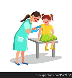 Nurse Injection Vaccination Girl Patient Vector. Doctor Young Woman With Syringe Giving Vaccination Shot Little Baby Arm, Medical Treatment. Characters Hospital Cabinet Flat Cartoon Illustration. Nurse Injection Vaccination Girl Patient Vector