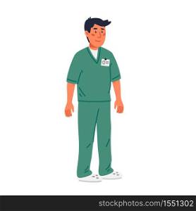 Nurse. Male nurseor ward assistant in green scrubs. Medical team in conditions of coronavirus pandemic, fight against covid-19. Flat style vector illustration on white background. Nurse. Male nurseor ward assistant in green scrubs. Medical team in conditions of coronavirus pandemic, fight against covid-19. Flat style vector illustration on white background.