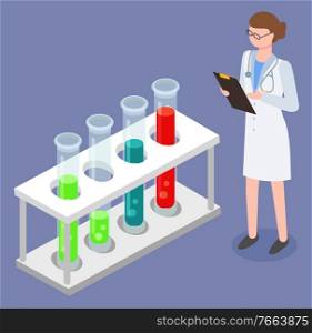 Nurse medical worker analysing test-tube in laboratory. Doctor in clinic uniform researching results of test substances poured in tubes. Woman medical consultant and set raster in test-glass vector. Doctor Researching Set Raster in Test-glass Vector