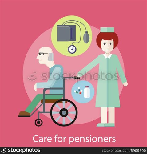 Nurse taking care of senior patient in wheelchair. Concept of care for pensioners in flat design style. Can be used for web banners, marketing and promotional materials, presentation templates