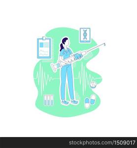 Nurse thin line concept vector illustration. Hospital worker in uniform, woman with medical syringe 2D cartoon character for web design. Medicine, disease treatment, healthcare creative idea