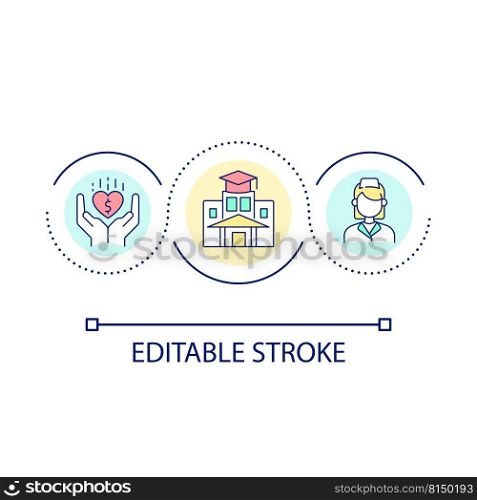 Nurse training program loop concept icon. Certified nursing assistant abstract idea thin line illustration. Professional certification. Isolated outline drawing. Editable stroke. Arial font used. Nurse training program loop concept icon