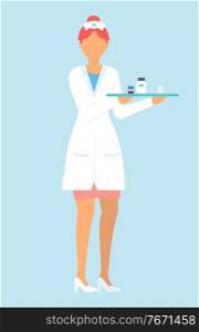 Nurse wearing white medical gown with tray with medicine, drugs, containers with pills, tablets. Medical staff, faceless isolated character at white background. Medical help. Treatment for patient. Nurse with tray with medicine drugs containers with pills tablets, medical staff, isolated character