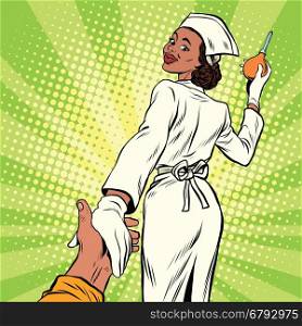 Nurse with enema, follow me, pop art retro comic book vector illustration