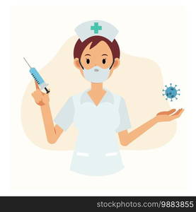 Nurse with vaccine. Nurse are showing syringe of coronavirus vaccine. Covid-19 concept. Vector flat cartoon character illustration.   