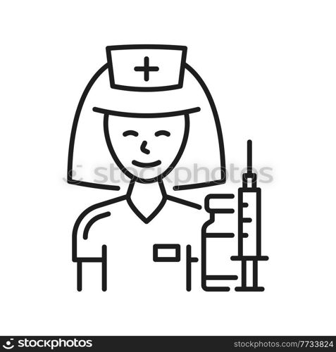 Nurse woman doctor ready to do coronavirus vaccination isolated thin line icon. Vector healthcare and medicine worker, syringe and medical pills drugs, antiviral vaccine and immunization inject. Doctor nurse with pills and drugs isolated icon