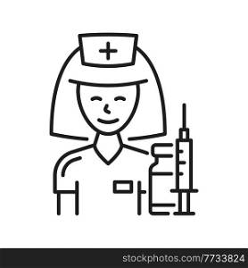 Nurse woman doctor ready to do coronavirus vaccination isolated thin line icon. Vector healthcare and medicine worker, syringe and medical pills drugs, antiviral vaccine and immunization inject. Doctor nurse with pills and drugs isolated icon