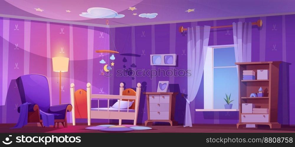 Nursery, baby room with cot bed, chair, floor lamp and toys mobile at night. Empty child bedroom interior with cradle, curtains on window, carpet and armchair, vector cartoon illustration. Nursery, baby room with cot bed, chair at night
