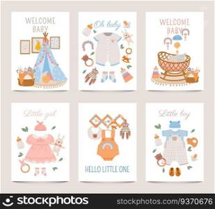 Nursery decor posters. Baby shower cards for boy and girl with newborn clothes, toys and crib in boho. Cute childish print vector set. Nursery childish poster, furniture interior card and clothes. Nursery decor posters. Baby shower cards for boy and girl with newborn clothes, toys and crib in boho style. Cute childish print vector set