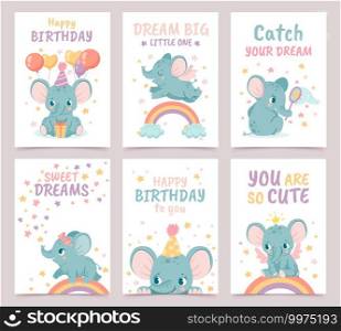 Nursery elephant posters. Animal decoration for baby shower and cartoon birthday cards. Elephants and rainbows prints for newborn vector set with balloons. Dream big, you are so cute. Nursery elephant posters. Animal decoration for baby shower and cartoon birthday cards. Elephants and rainbows prints for newborn vector set