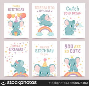 Nursery elephant posters. Animal decoration for baby shower and cartoon birthday cards. Elephants and rainbows prints for newborn vector set with balloons. Dream big, you are so cute. Nursery elephant posters. Animal decoration for baby shower and cartoon birthday cards. Elephants and rainbows prints for newborn vector set