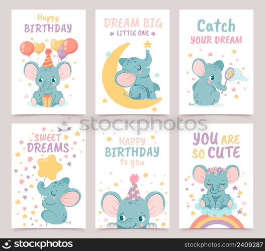 Nursery elephant posters. Cute animals celebrating birthday with gift box and balloons, sitting on moon, catching stars and hovering cloud and rainbow. Baby shower cards vector set. Nursery elephant posters. Cute animals celebrating birthday with gift box and balloons, sitting on moon, catching stars