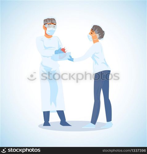 Nursery Giving Surgeon Cardiologist Live Human Heart in Container Cartoon Vector Illustration. Hospital Personnel Preparing for Organ Transplantation Surgery Operation. Emergency Medical Help Concept