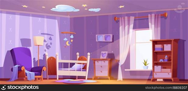 Nursery interior design with crib, toys and armchair. Cartoon vector illustration of baby room with bed, l&, dresser, carpet on floor, photo frames on wall in purple color, morning light in window. Nursery interior design with crib, toys, armchair