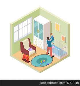 Nursery interior. Isometric father and son in kids room. Vector nursery room furniture. Parenthood and nursery to baby boy illustration. Nursery interior. Isometric father and son in kids room. Vector nursery room furniture