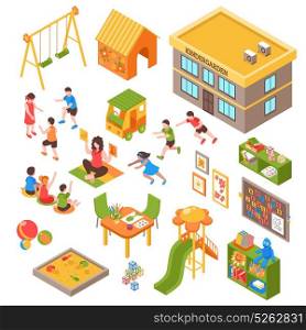 Nursery Isometric Elements Set. Isometric kindergarten set of isolated playground elements toys indoor furniture and kids characters on blank background vector illustration