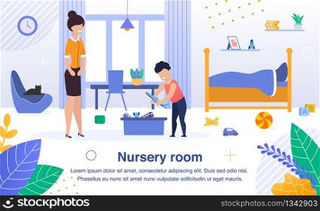 Nursery Room Cleaning, Child Housework and Routine Duties Trendy Flat Vector Banner, Poster Template. Happy Smiling Mother and Preschooler Son Collecting Scattered on Floor Toys in Box Illustration
