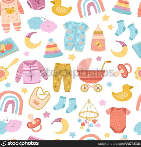 Nursery seamless pattern. Abstract rainbow, stars moon and simple bright kids elements. Cloth multicolor print, cute cloud exact vector texture. Illustration seamless pattern, colored pants clothes. Nursery seamless pattern. Abstract rainbow, stars moon and simple bright kids elements. Cloth multicolor print, cute cloud exact vector texture