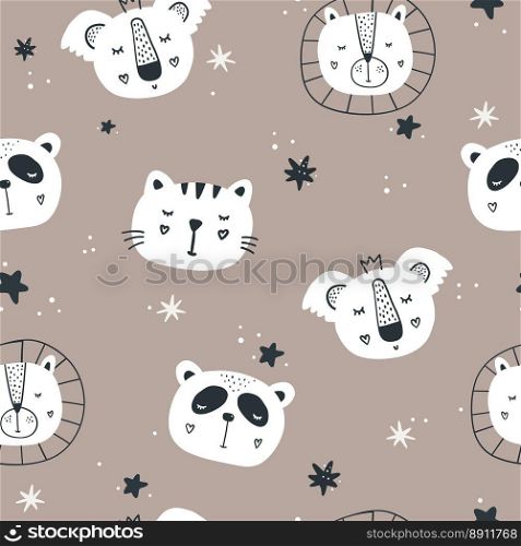 Nursery seamless pattern with animal heads. Cute characters with stars. Baby cartoon vector in simple hand-drawn Scandinavian style. Nursery illustration on a pastel palette. Nursery seamless pattern with animal heads. Cute characters with stars. Baby cartoon vector in simple hand-drawn Scandinavian style.