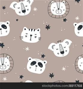 Nursery seamless pattern with animal heads. Cute characters with stars. Baby cartoon vector in simple hand-drawn Scandinavian style. Nursery illustration on a pastel palette. Nursery seamless pattern with animal heads. Cute characters with stars. Baby cartoon vector in simple hand-drawn Scandinavian style.