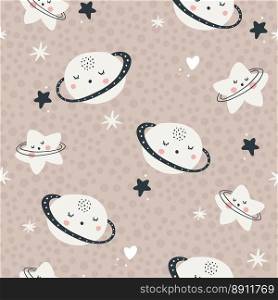 Nursery seamless pattern with planets and stars. Vector background with cute baby shower elements in simple hand-drawn Scandinavian cartoon doodle style. Limited pastel palette for printing. Nursery seamless pattern with planets and stars. Vector background with cute baby shower elements in simple hand-drawn.