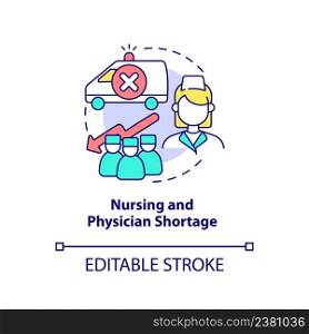 Nursing and physician shortage concept icon. Healthcare problem abstract idea thin line illustration. Employee burnout. Isolated outline drawing. Editable stroke. Arial, Myriad Pro-Bold fonts used. Nursing and physician shortage concept icon