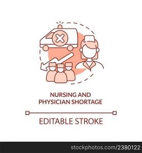 Nursing and physician shortage terracotta concept icon. Healthcare problem abstract idea thin line illustration. Isolated outline drawing. Editable stroke. Arial, Myriad Pro-Bold fonts used. Nursing and physician shortage terracotta concept icon