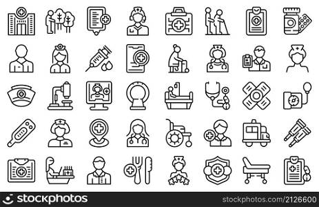 Nursing assistant icons set outline vector. Old people. Care patient. Nursing assistant icons set outline vector. Old people