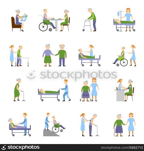 Nursing Elderly People Icons Set . Nursing elderly people icons set with wheelchair food and drink symbols flat isolated vector illustration