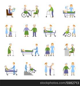 Nursing Elderly People Icons Set . Nursing elderly people icons set with wheelchair food and drink symbols flat isolated vector illustration