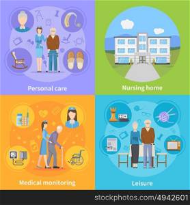 Nursing Home 2x2 Design Concept. Nursing home 2x2 design concept with personal elderly care medical monitoring and pensioners leisure compositions flat vector illustration