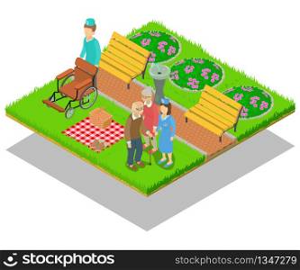 Nursing home concept banner. Isometric banner of nursing home vector concept for web, giftcard and postcard. Nursing home concept banner, isometric style