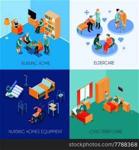 Nursing home eldercare concept 4 isometric icons square with long-term care unit activities isolated vector illustration . Nursing Care Concept Isometric Icons