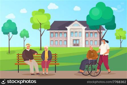 Nursing home. Girl pushes wheelchair couple walking and talking outdoor in park. Disabled man on walk. Elderly people gray-haired man and woman pensioners sitting on bench communicating in nice garden. Nursing home. Elderly people walk outdoors in good weather near building, care for retirees