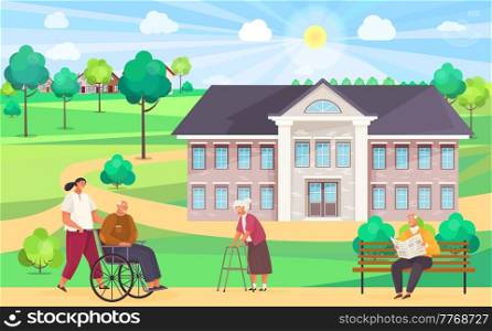 Nursing home. Girl pushes wheelchair couple walking and talking outdoor in park. Disabled man on walk. An elderly woman walks leans on walker. Gray-haired man sitting on bench reading newspaper. Nursing home. Elderly people walk outdoors in good weather near building, care for retirees
